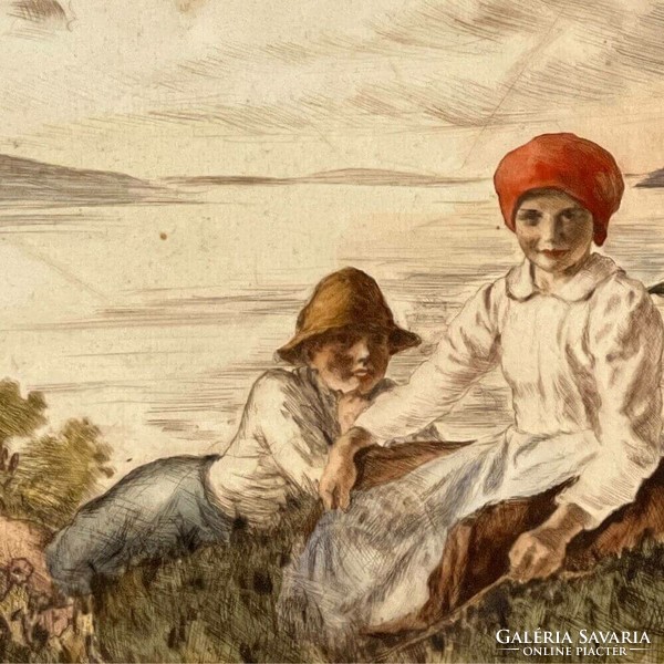 Prihoda István: Libapásztor gyermekek a folyóparton (F625)