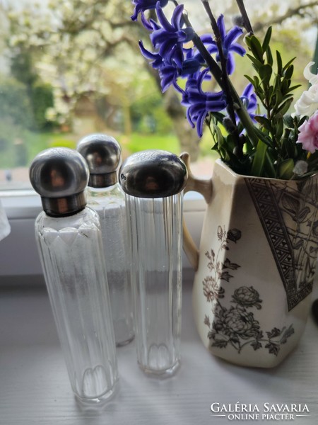 Engraved lead crystal toilet bottles with silver caps, ai monogram, Diana head mark