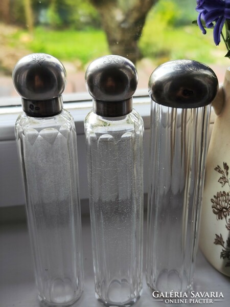 Engraved lead crystal toilet bottles with silver caps, ai monogram, Diana head mark