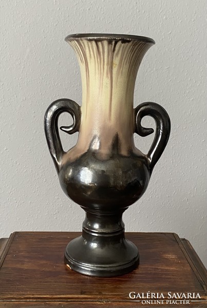 éva Bod retro ceramic vase with painted handles 34 cm