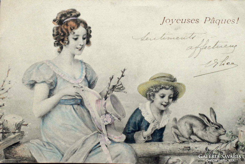 Antik  M M Vienne színezett grafikus Húsvéti üdvözlő képeslap - hölgy , kisfiú , nyuszi