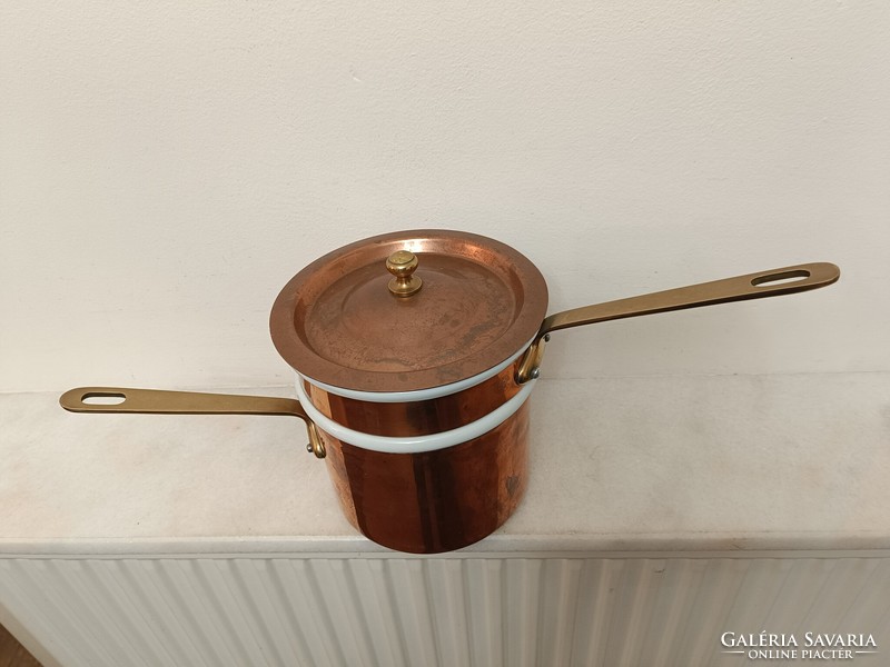 Antique tinned kitchen two-story thick red copper footed porcelain pot with lid and brass handle 841 8483