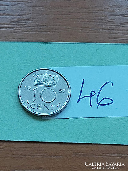 Netherlands 10 cents 1951 nickel, Queen Juliana 46