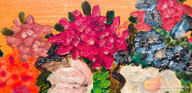 AKCIÓS ÁR ! Virág csendélet festmény, 1930-1950 körüli, olaj karton, kerettel 26 x 34 cm, jjl.