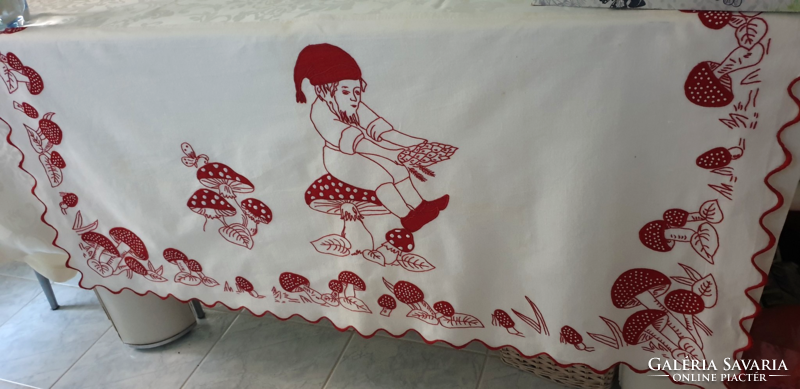 (1) Very old embroidered mushroom tablecloth 116 cm x 53 cm