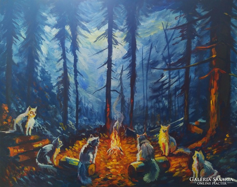 Macskák a tűz körül c. akrill festmény eladó