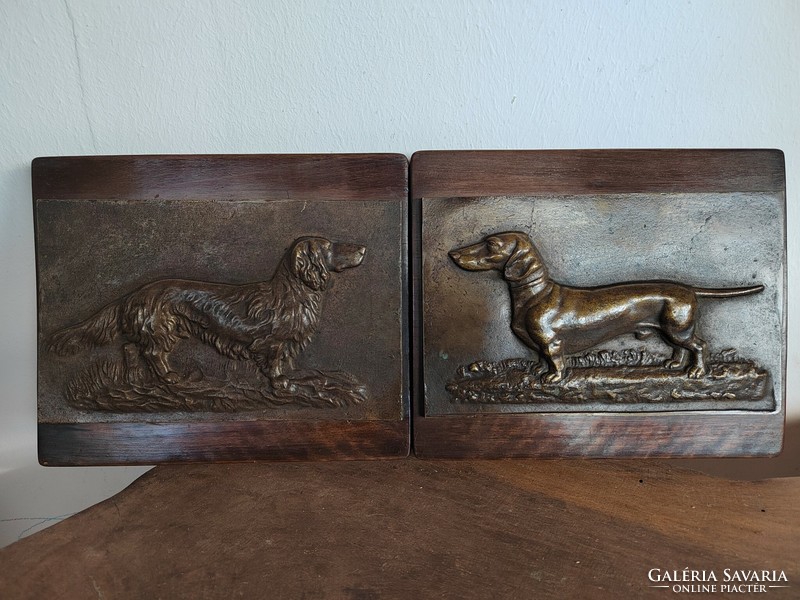 Bronze dachshund dog wall picture plaque on a wooden board, circa 1940