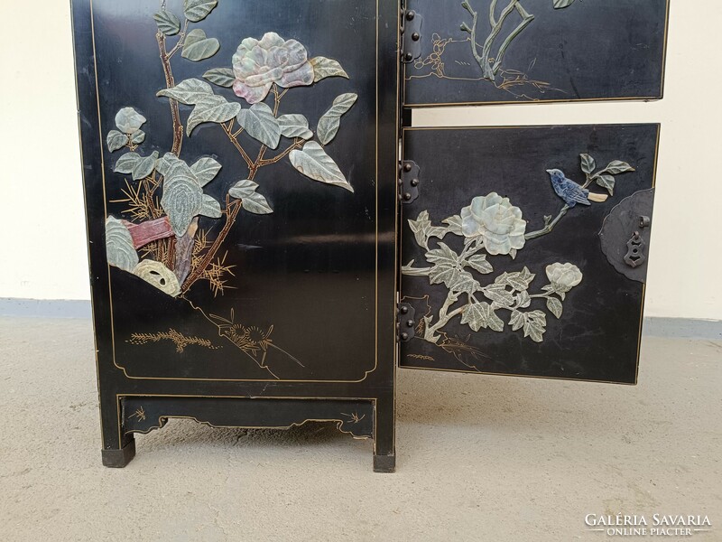 Antique Chinese furniture plant bird grease stone convex inlaid painted black lacquer cabinet 612 8579