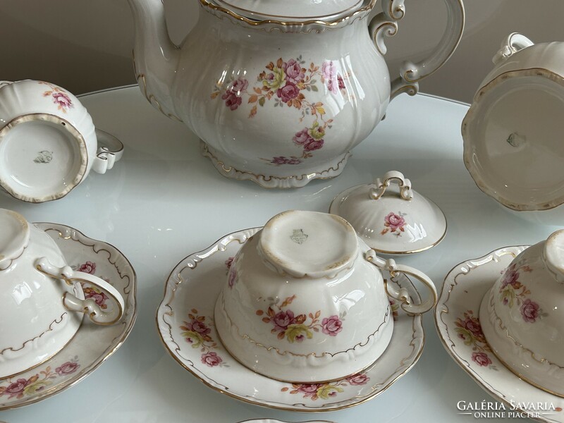 Zsolnay antique shield seal baroque rose pattern porcelain tea set