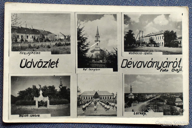 Dévaványa - old mosaic Bajti photo postcard - wild duck hostel, statue of heroes, event. 1944?