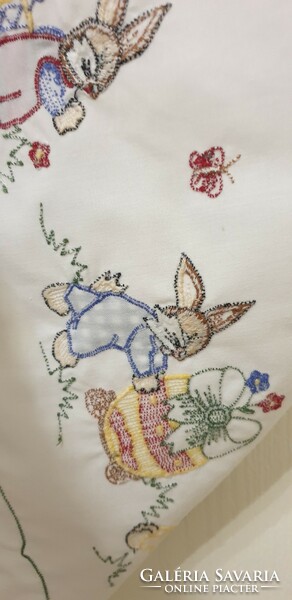Easter white tablecloth, embroidered bunny, egg pattern 80x80