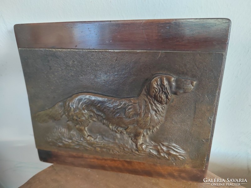 Bronze dachshund dog wall picture plaque on a wooden board, circa 1940