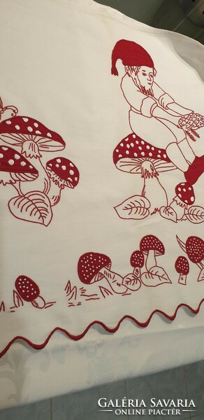 (1) Very old embroidered mushroom tablecloth 116 cm x 53 cm
