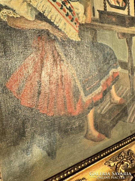 Fiatal lány népviseletben antik festmény blondel keretben