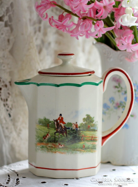 Antique, hunting scene, faience chocolate coffee pot