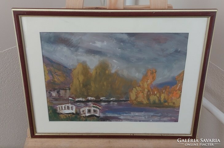 (K) beautiful waterside (balaton?) painting with wischán mark with 48x38 cm frame