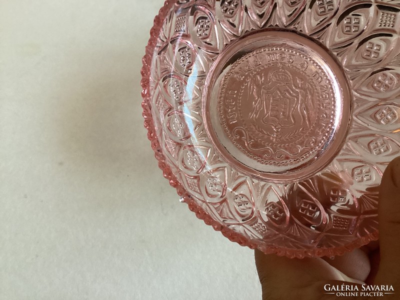 3-piece pink glass set with antique Hungarian coat of arms with the inscription God bless the Hungarians.