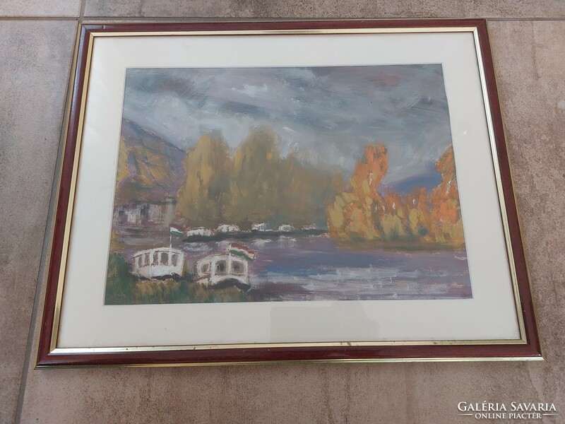(K) Szép vízparti (Balaton?) festmény Wischán jelzéssel 48x38 cm kerettel