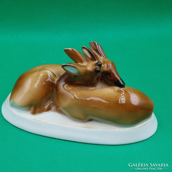 Sinkó andrás zsolnay reclining deer couple porcelain figure