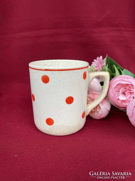 Nicely matured granite mug with red polka dots, heirloom piece of nostalgia