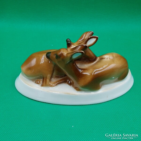 Sinkó andrás zsolnay reclining deer couple porcelain figure