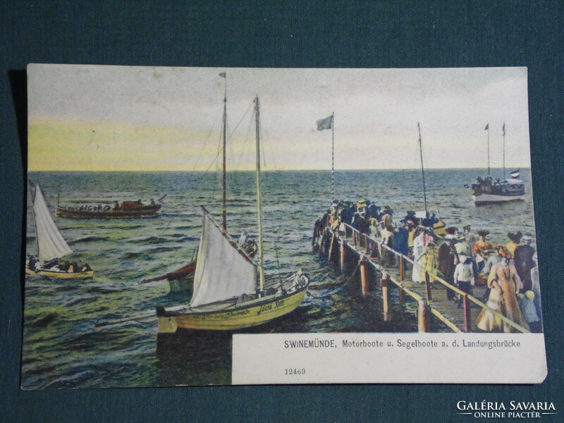 Képeslap,Postcard,Poland,Świnoujście,Swinemünde, Motorboote u. Segelboote a. d. Landungsbrücke, 1908
