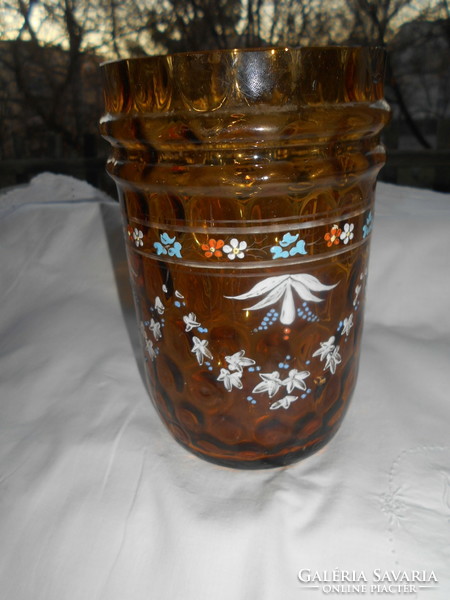 Antique enamel-painted glass vase with flower pattern 17 cm - blown glass with optically shaped beads