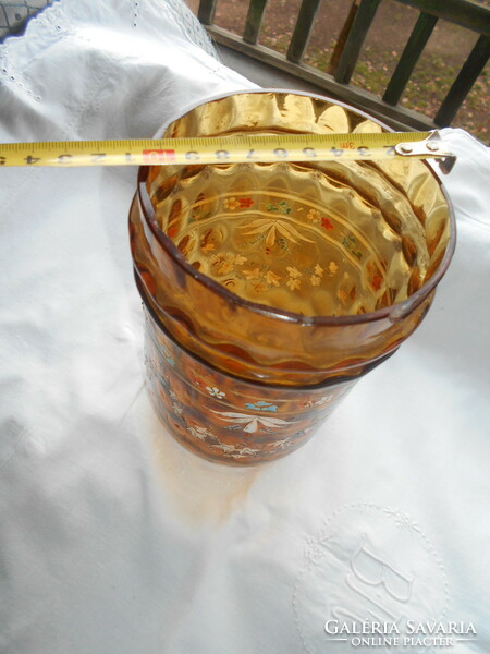 Antik  zománcfestett--virág mintás  üveg váza 17 cm- optikailag alakított babosra fújt üveg