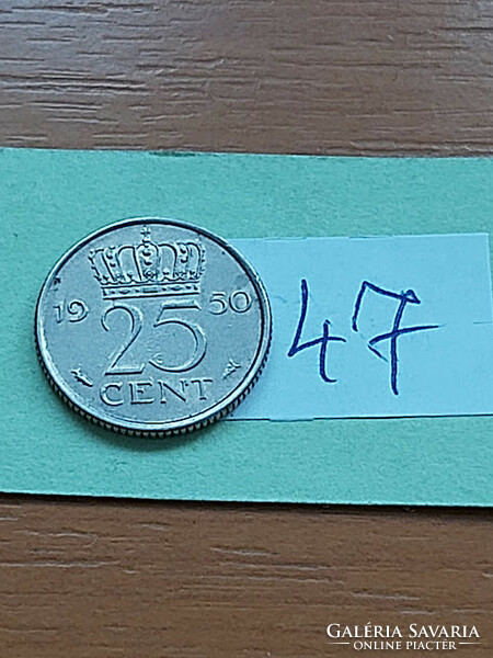 Netherlands 25 cents 1950 nickel, Queen Juliana 47