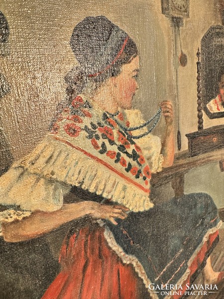 Young girl in folk costume, antique painting in blonde frame