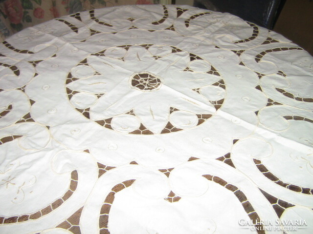 Beautiful antique ecru rosette sewn lace tablecloth