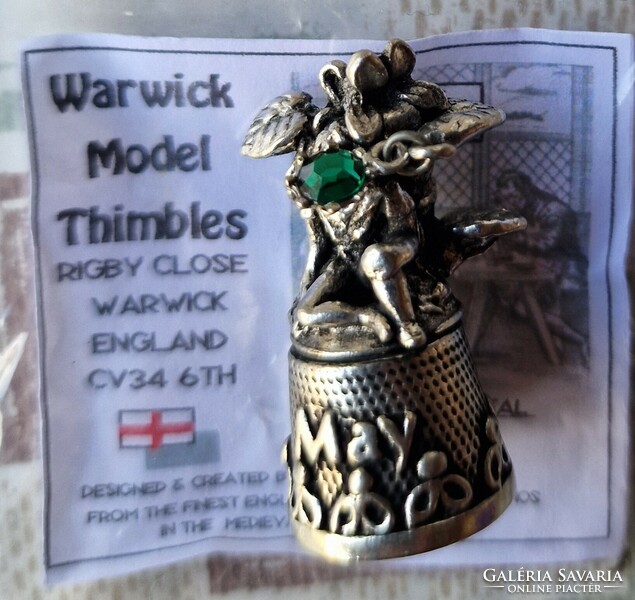 English metal thimble in original packaging with mineral green natural stone