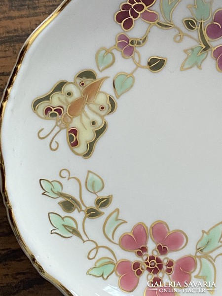 Butterfly and flower painted zsolnay porcelain jewelry bowl.