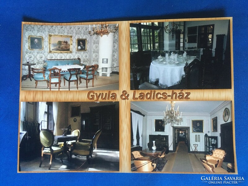 Gyula: két fotó: Ladics-ház és két képeslap: Ladics-ház ill. Százéves Cukrászda