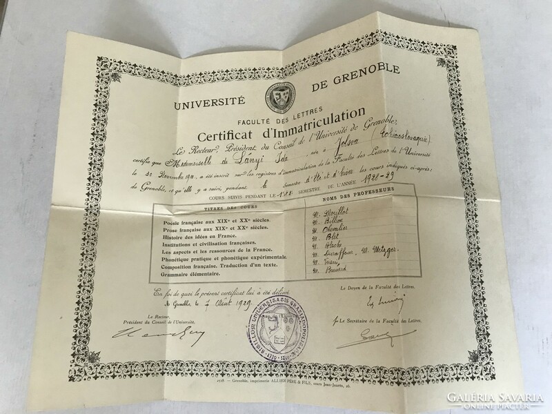 3 db francia nevelői   diploma papír  1929 Université De Grenoble  Lányi Ida részére