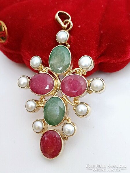 Huge gold-plated silver pendant with ruby and emerald stones