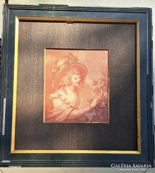 Antique French picture with glazed frame. Size: 38x36 cm. With original defective frame.