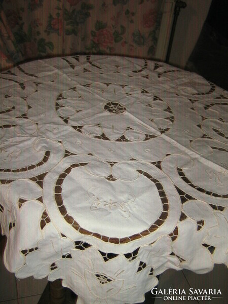 Beautiful antique ecru rosette sewn lace tablecloth