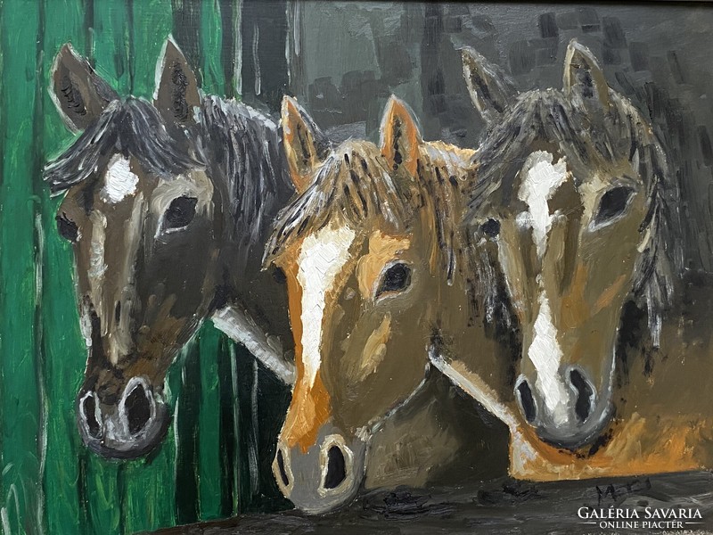 Stable horse heads retro oil wood fiber marked painting in white frame 67 x 52 cm