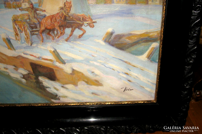 Beautiful guaranteed original beaver gauze / 1881-1942/ painting: horse-drawn carriage in the snow