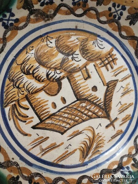 Antik nagy méretű cserép kenyér dagasztó tál magas festett terrakotta konyhai eszköz 402 8640