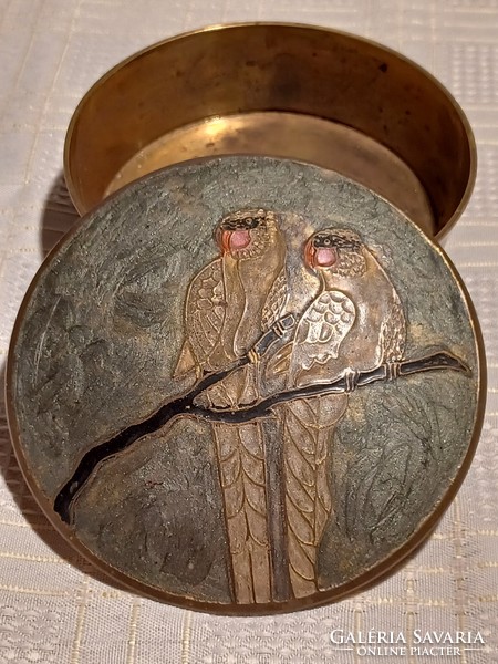 Indian copper lid holder with fire enamel lid with parrots