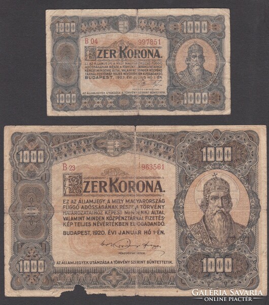 1000 Korona in pairs (1920 and 1923) (g+,p+)
