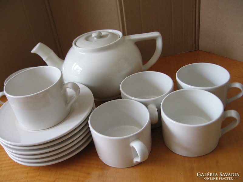 Nagy klasszikus keleti forma régi teás kanna, kancsó és 6 csésze szett krémfehér