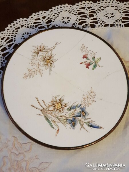 Antique earthenware small tray in a metal frame with snow grass decor