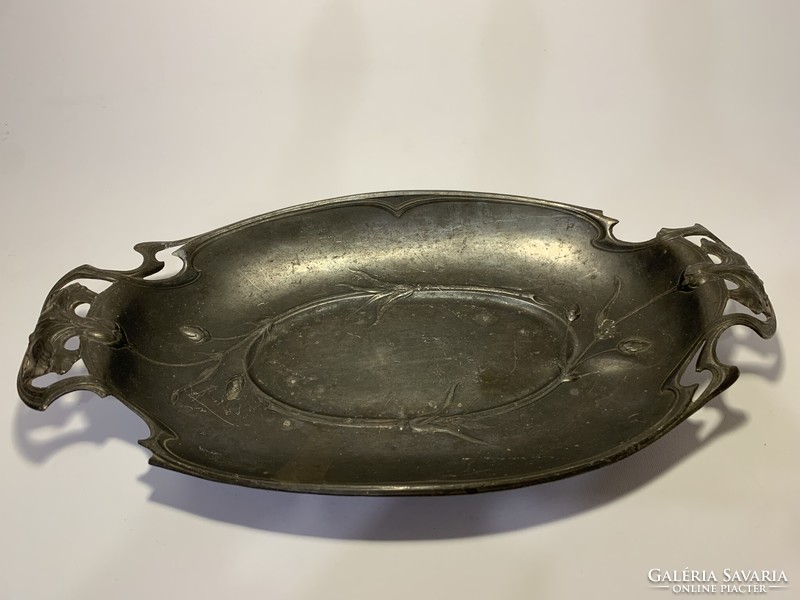 Art Nouveau pewter bowl with tendril pattern and iris tongs