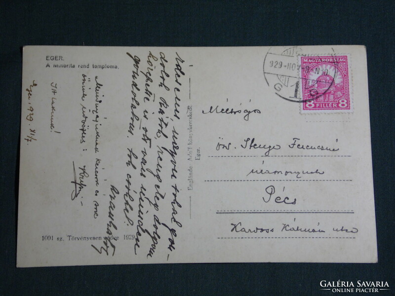 Képeslap,Postcard,Eger, Minorita rend temploma látkép, 1929