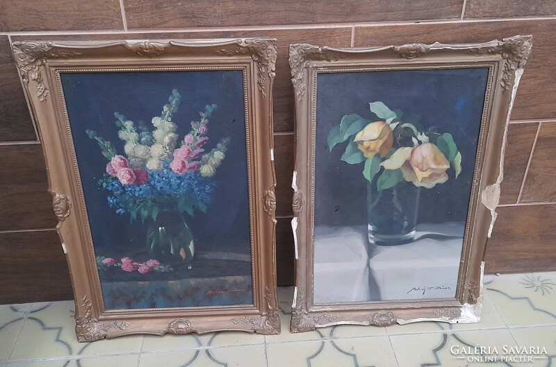 Molnár z. János oil-on-canvas still life in a pair - rose + gladiolus painting