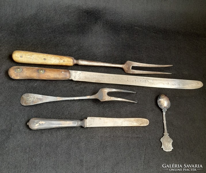 Antique marked meat forks, knives, spoons