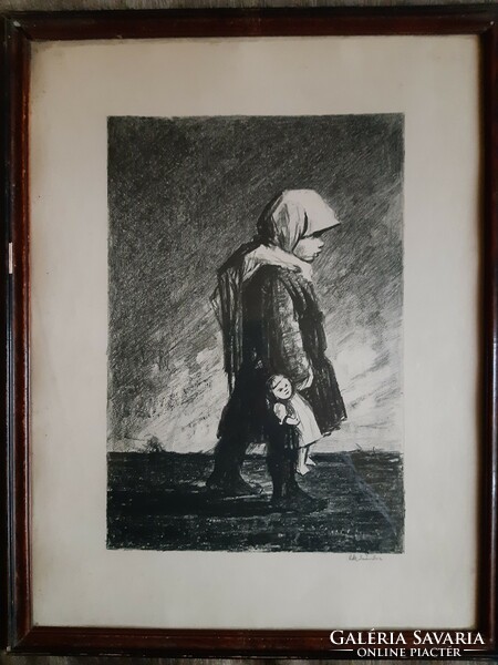 Etching by Sándor Ek: girl wearing a shawl with a baby